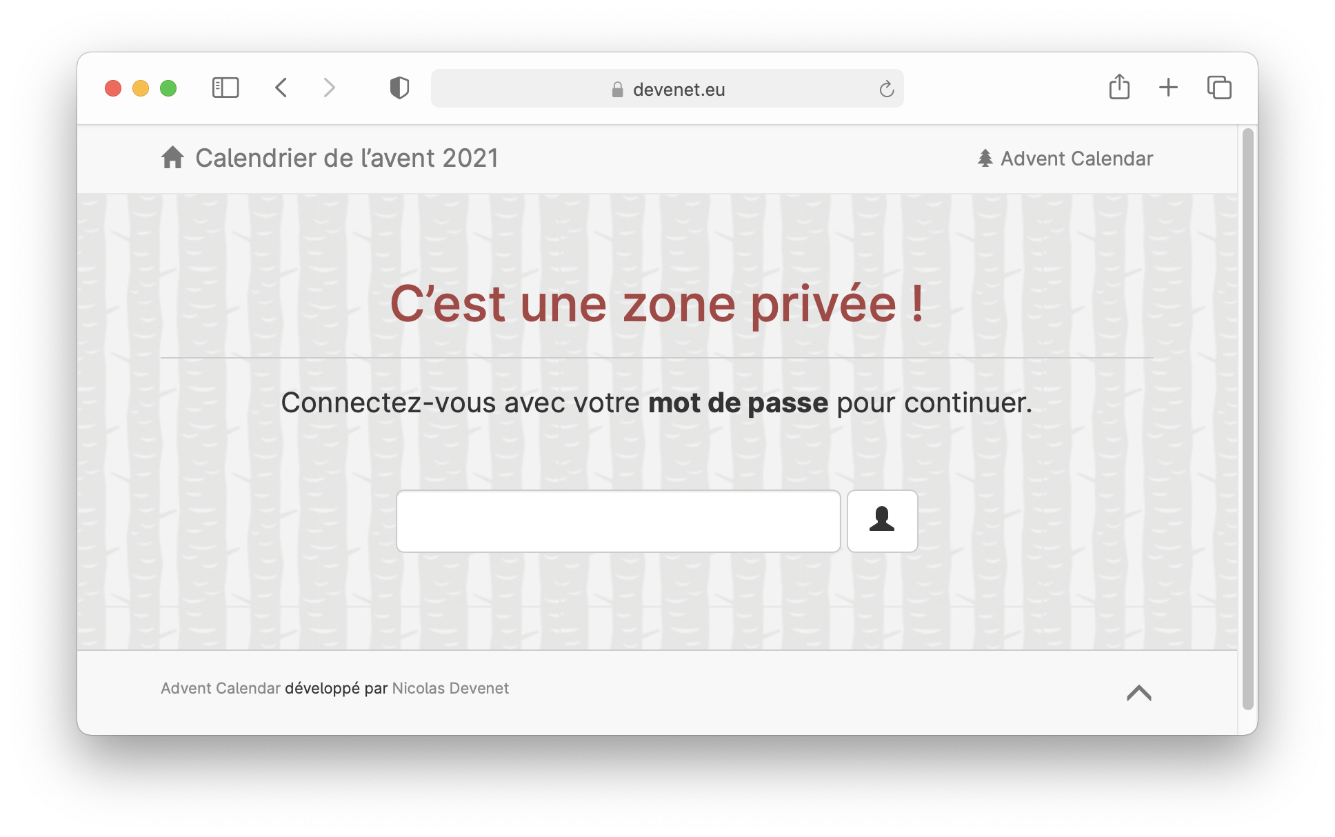 Formulaire de connexion pour accéder au calendrier de l’avent privé.